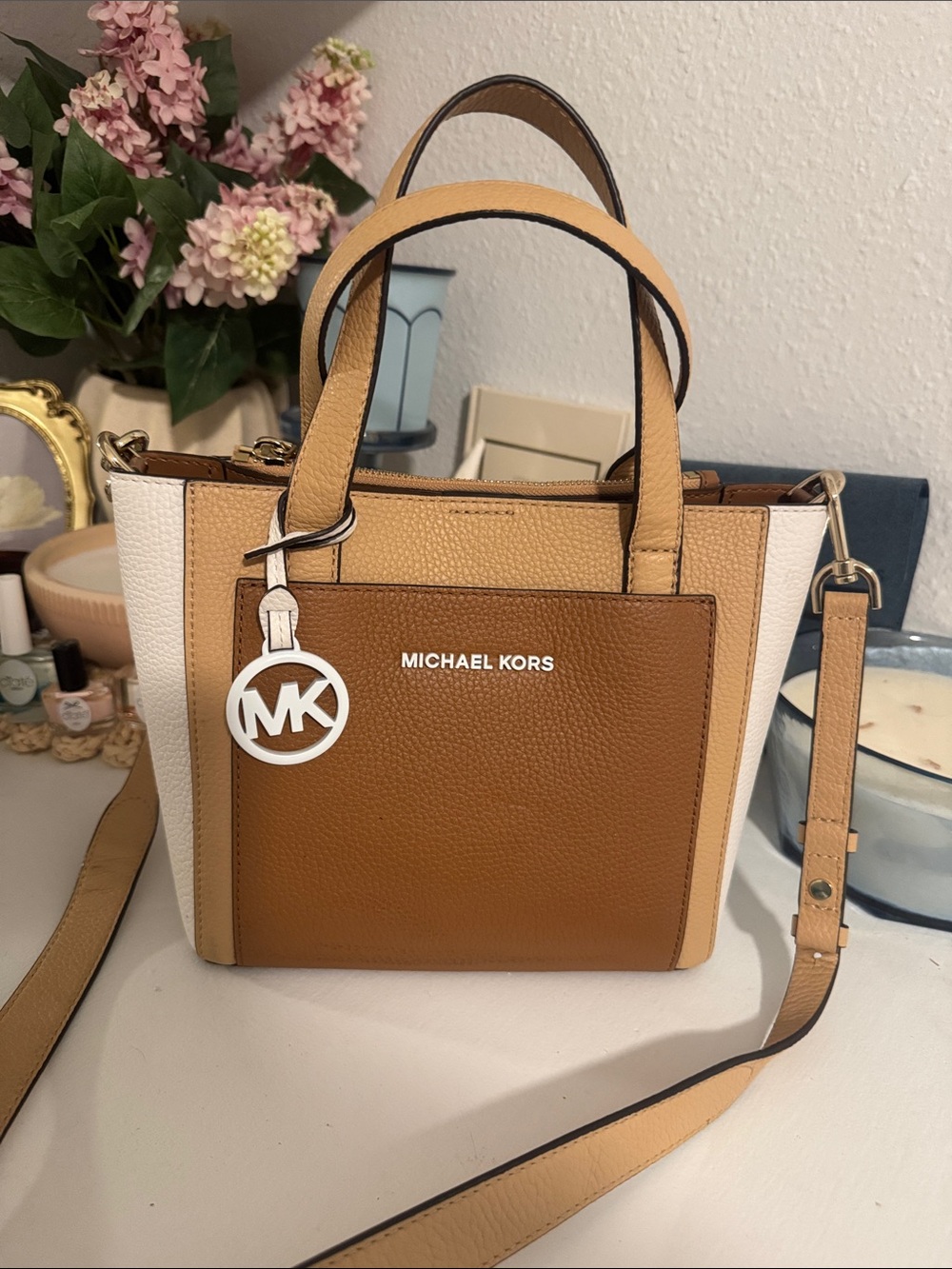 Michael Kors Colorblock Leather Satchel in Brown, Tan & White